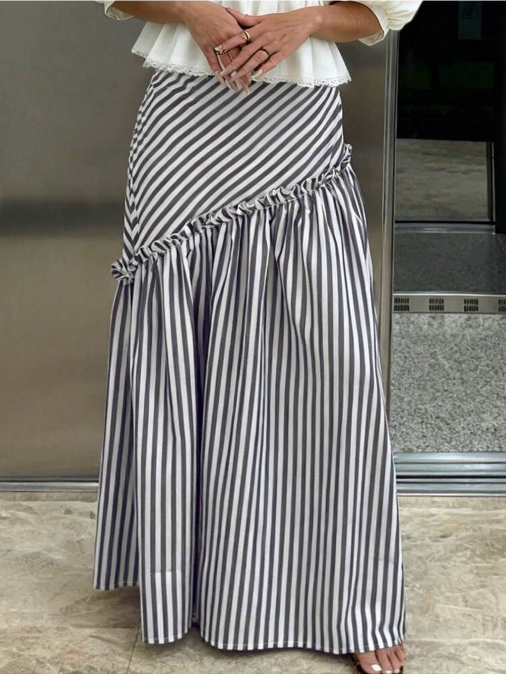 Striped Grey and White Ruffle Maxi Skirt